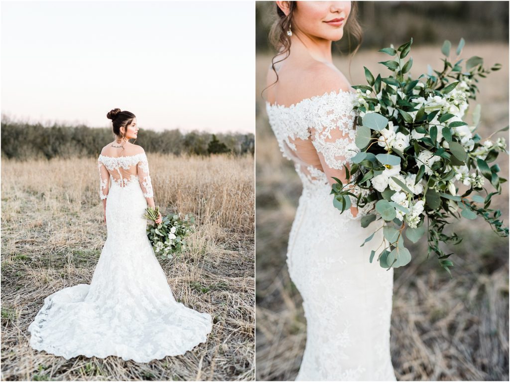 bridal portraits in field with green and white bouquet