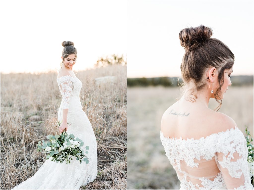 hair details of bride during bridal session in field at sunset
