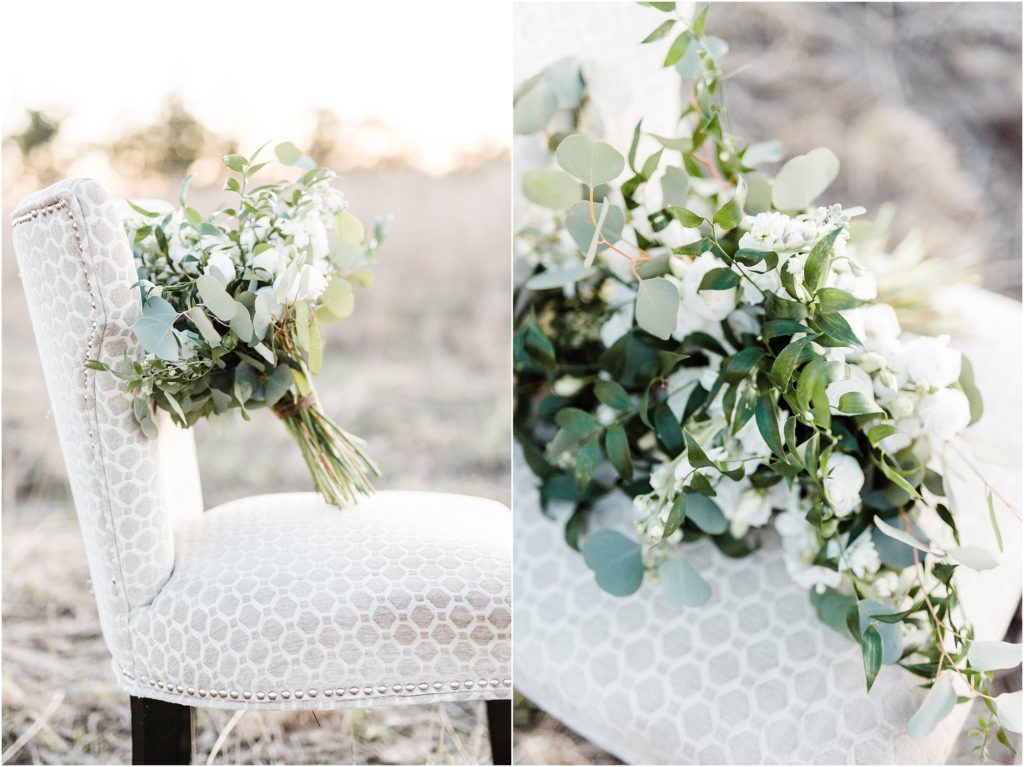 green and white bouquet on chair for bridal session