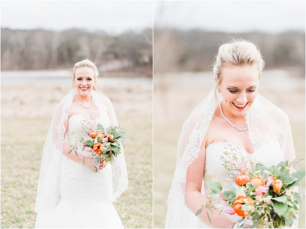 bridal portraits with peach and coral bouquet