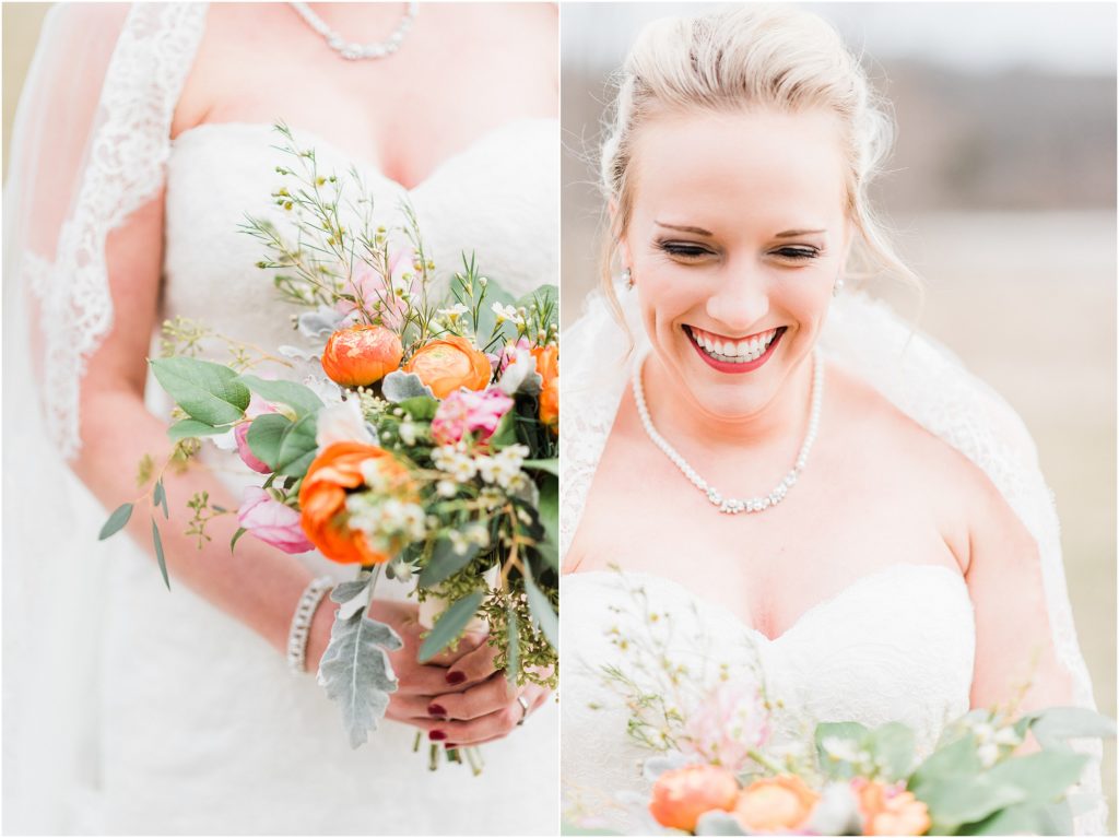bridal detail portraits of peach and coral bouquet and bridal makeup for bridal session