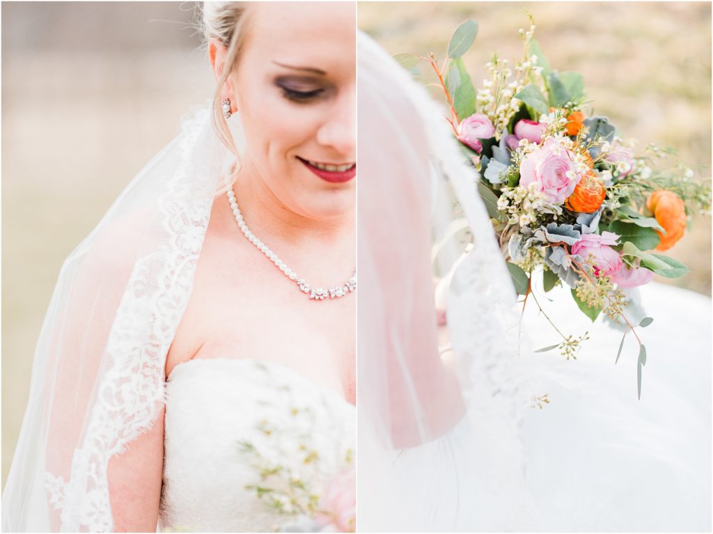 bridal details of veil and necklace and peach and coral bouquet