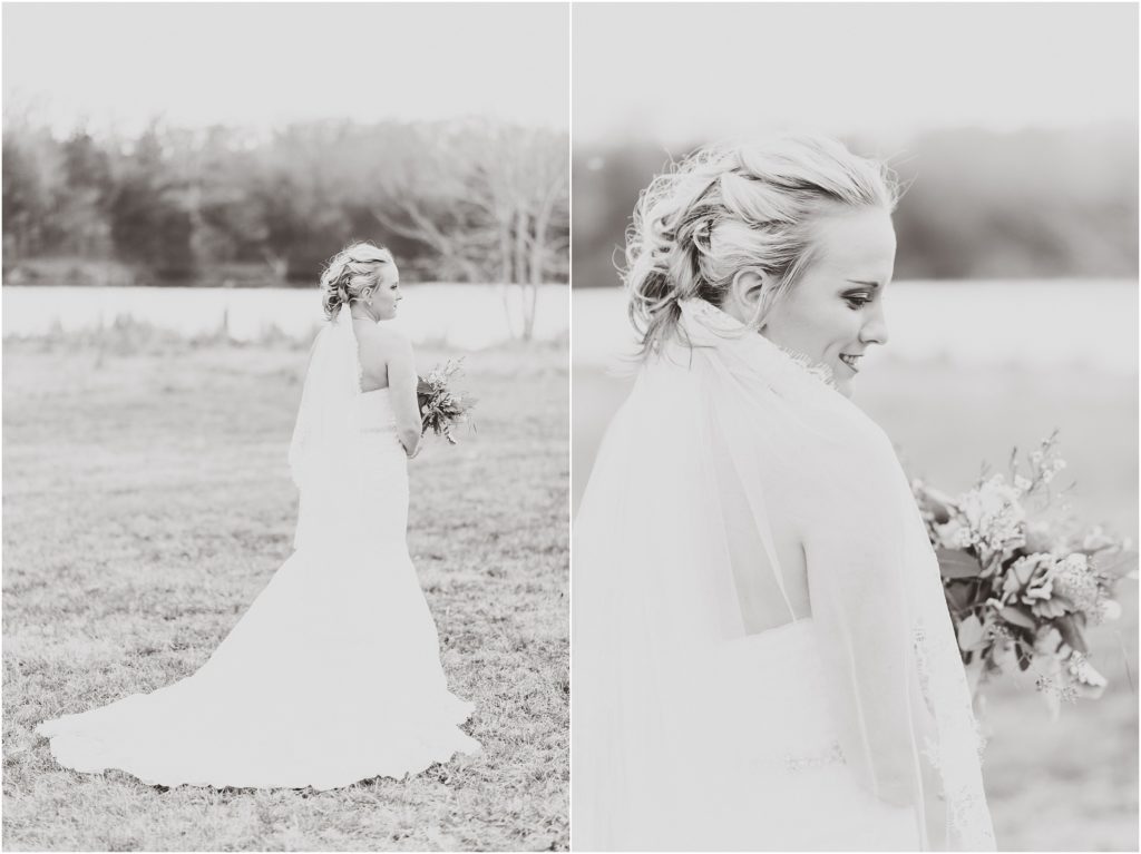 black and white image of bridal portraits with bouquet and veil during bridal session