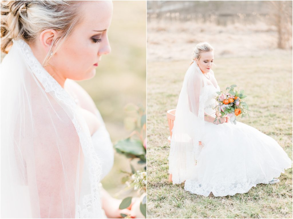 bride sitting on chair during bridal session with peach and coral bouquet