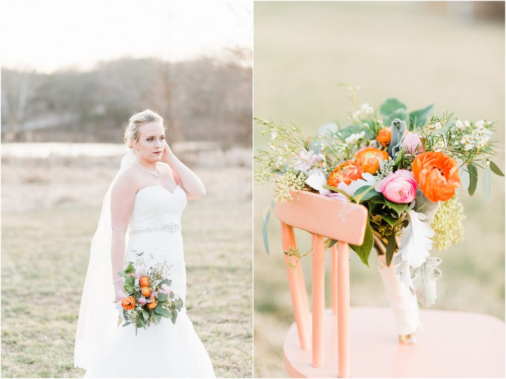 details of peach and coral bouquet with greenery during bridal session