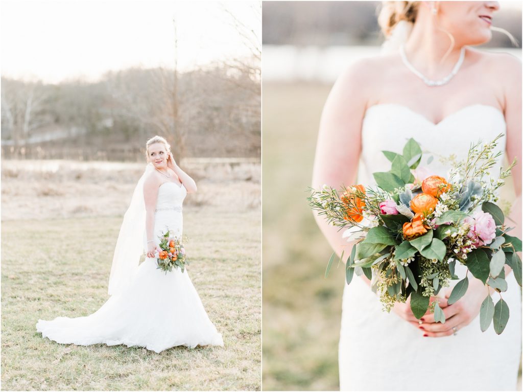 bride looking over shoulder holding peach and coral bouquet with greenery during bridal session
