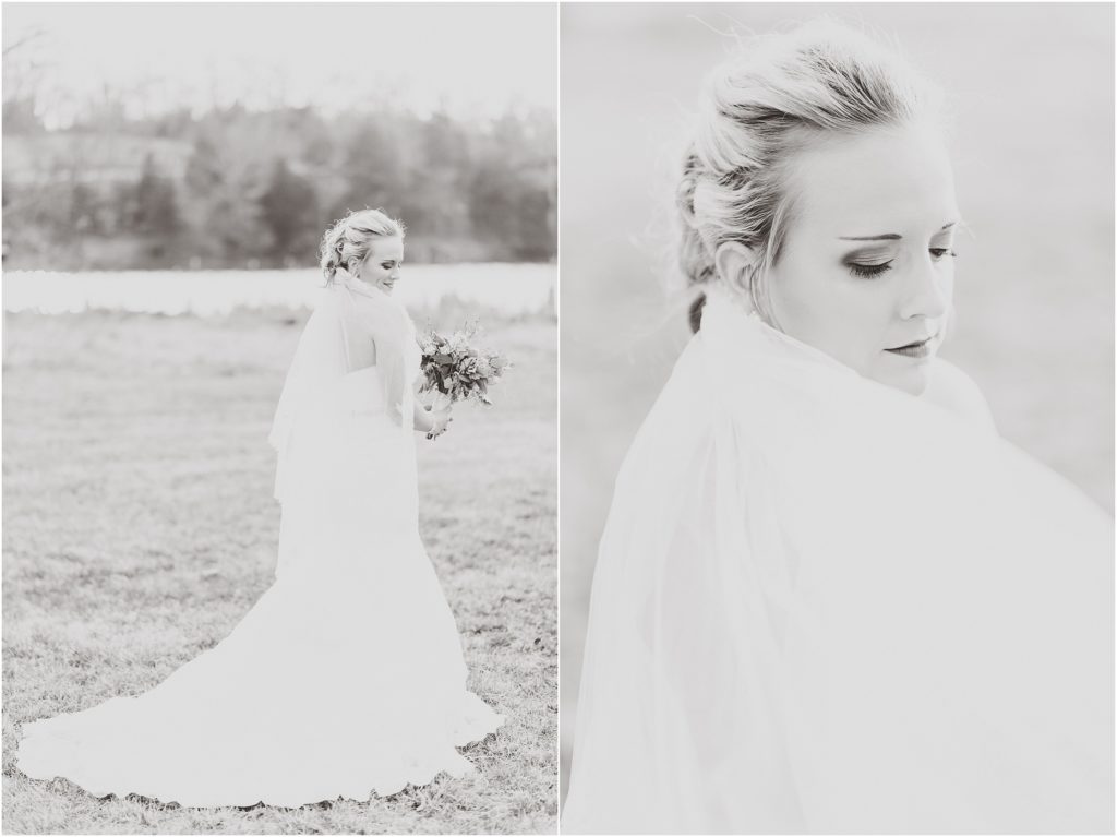 black and white image of bride holding bouquet and looking over shoulder during bridal session