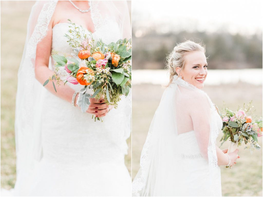 details of peach and coral bouquet during bridal session and bride smiling at camera during bridal portraits