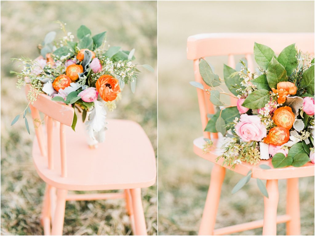 peach and coral bouquet on peach chair for bridal session