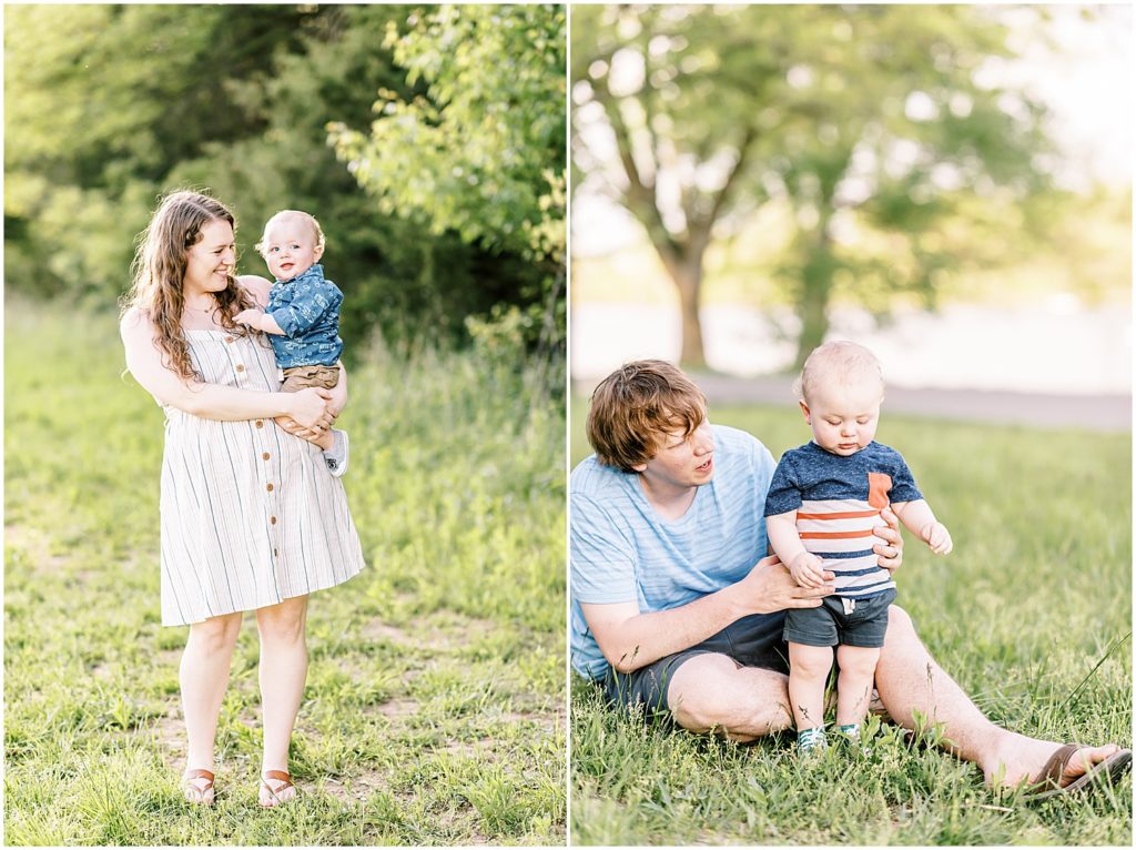 mom and dad holding one year old boy for family session