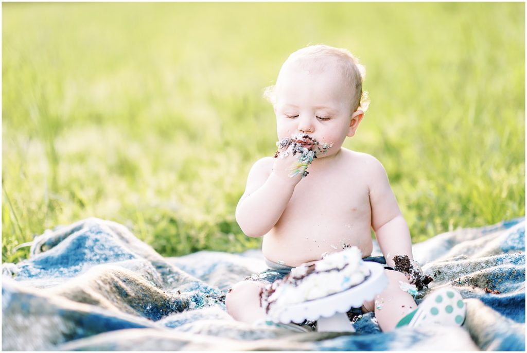one year old boy eating cake on blanket in grass