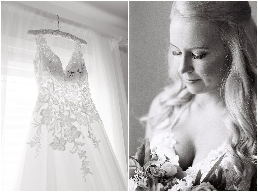 black and white side by side image of wedding gown hanging in window and bride looking down at bouquet