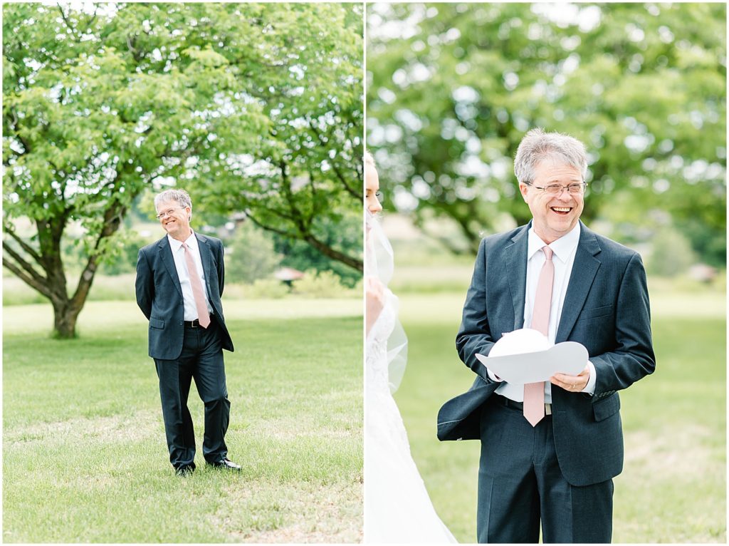 bride dad seeing bride for the first time for first look and opening a letter