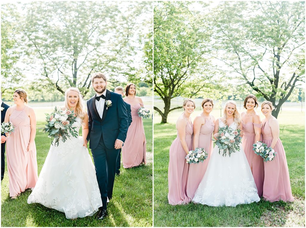 bride and groom walking with bridal party and bridesmaids posing