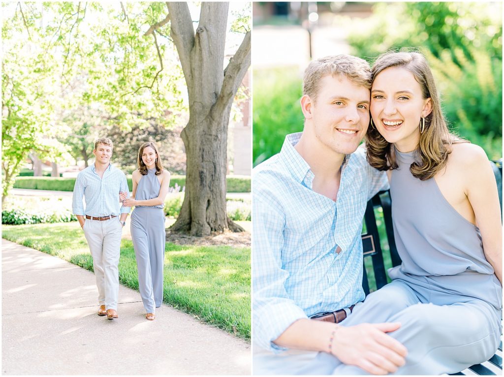 couple smiling at the camera for mizzou campus engagement session
