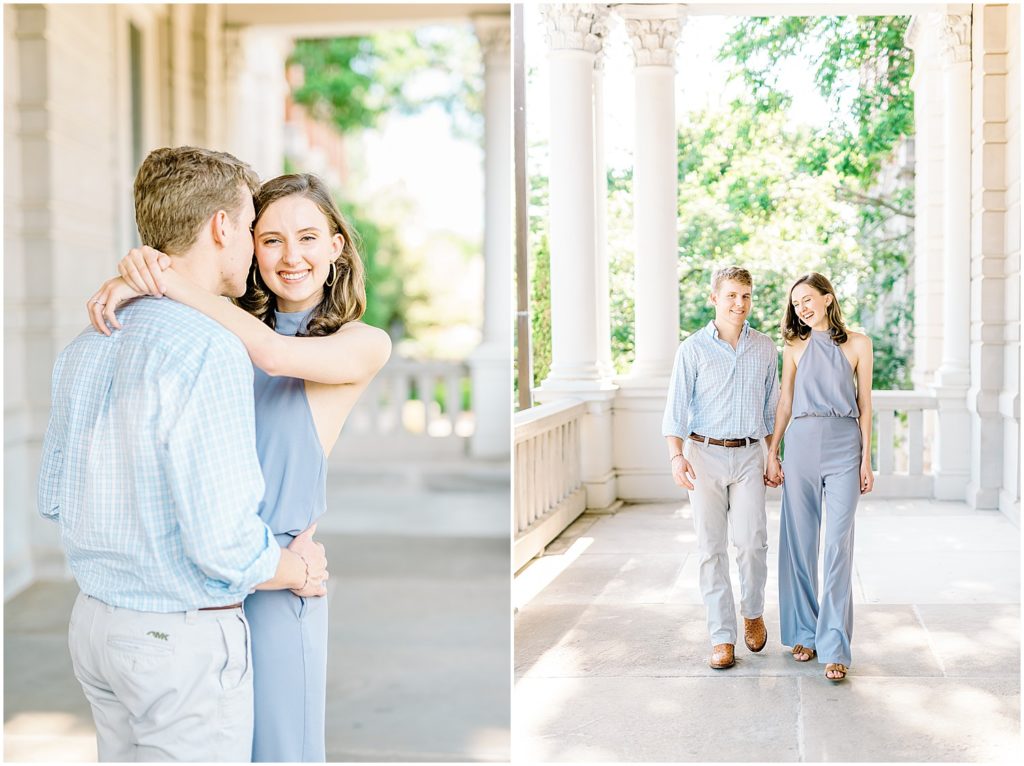 young couple walks under porch of jesse hall for mizzou campus engagement session