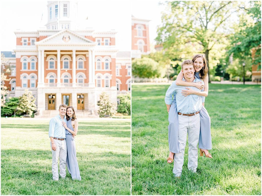 couple stands in front of jesse hall and gives piggyback ride for engagement pictures in columbia, mo