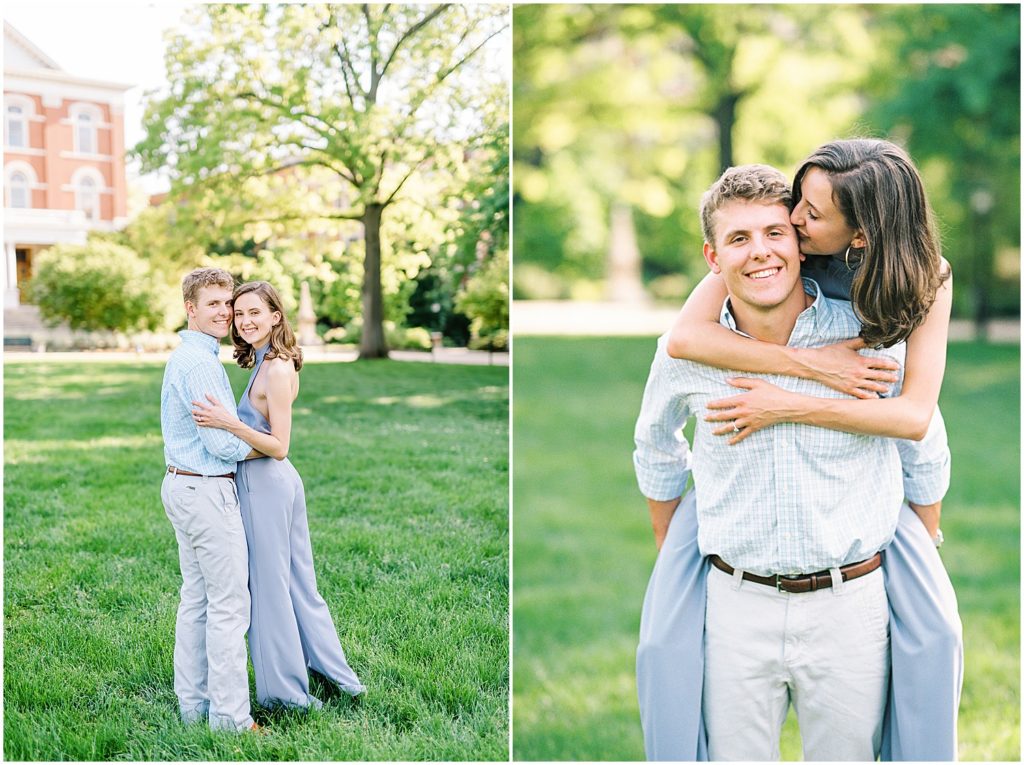 couple smiles at camera and gives piggy back during engagement session at mu campus