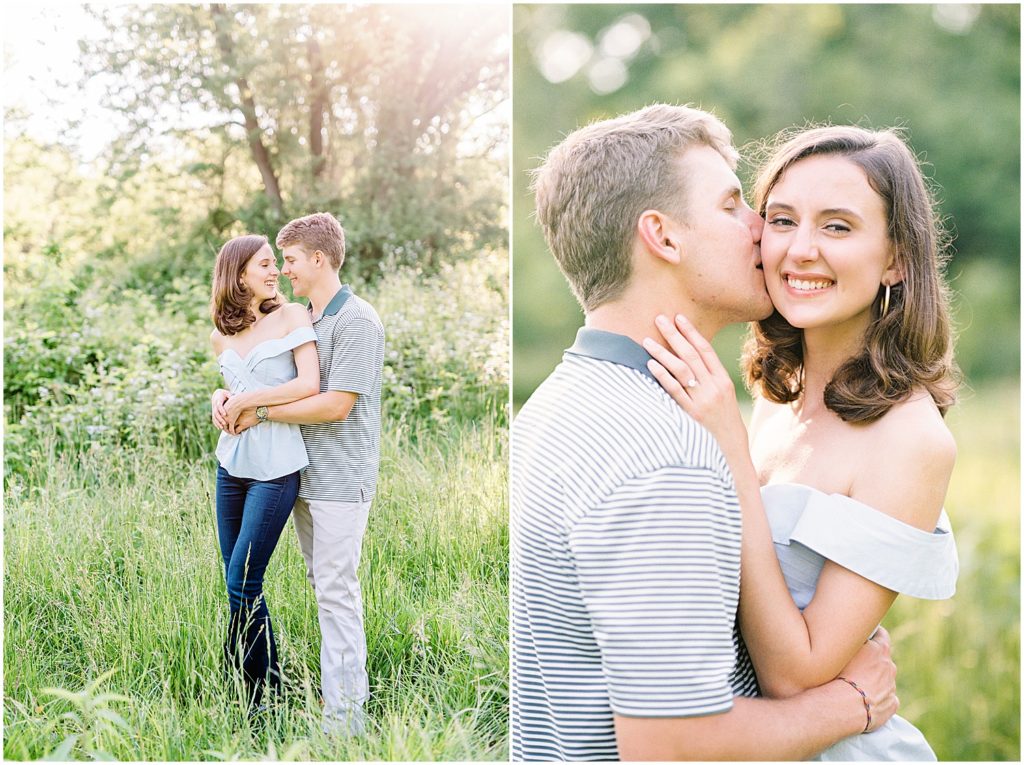 couple kisses and hugs in tall grass for engagement pictures