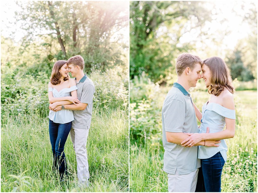 couple stands in tall grass in front of trees for engagement session at capen park