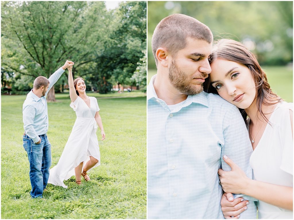 couple dancing in field for engagement session