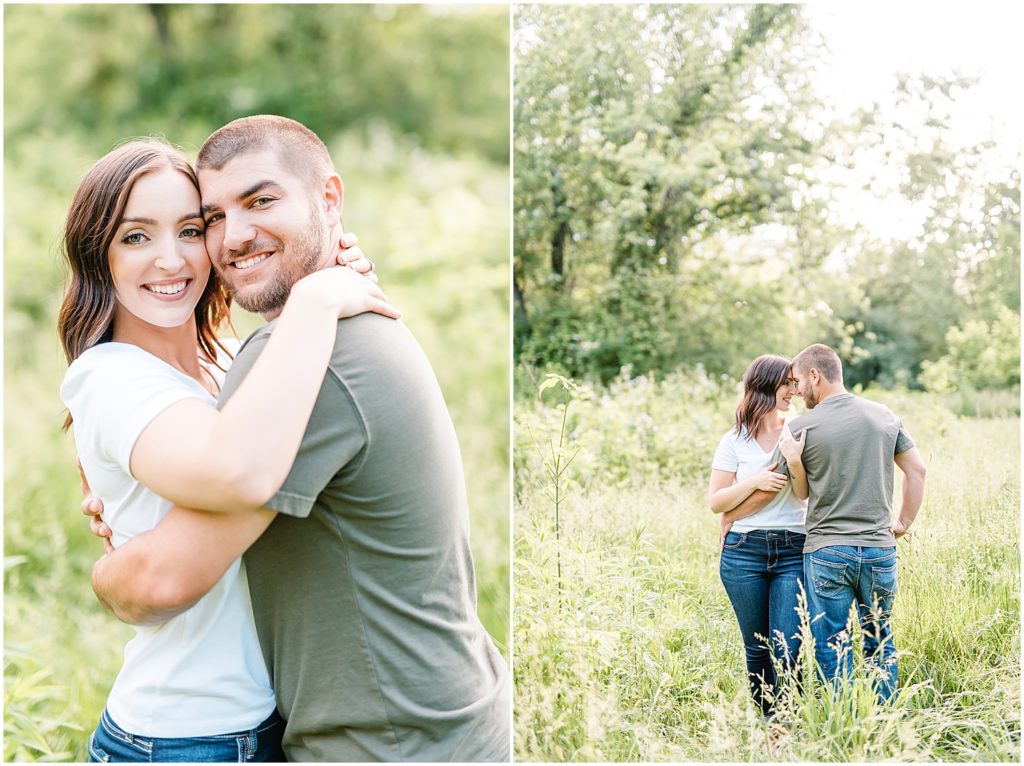 couple stands in a tall grass field in capen park for columbia, mo engagement session