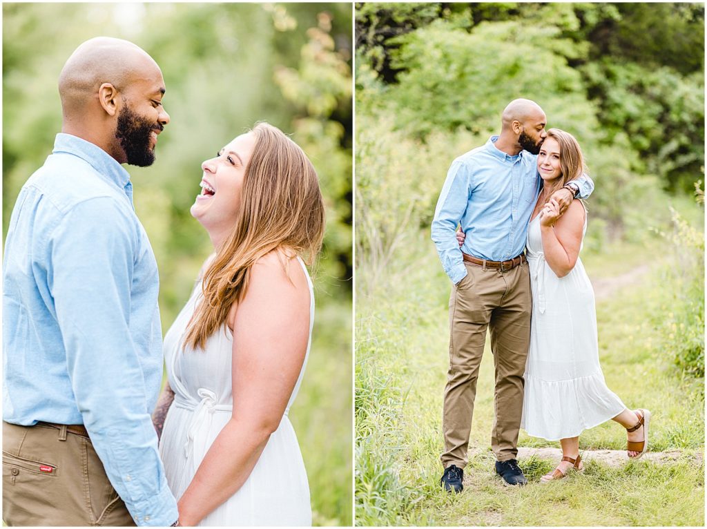 couple laughs together during engagement session in jefferson city park