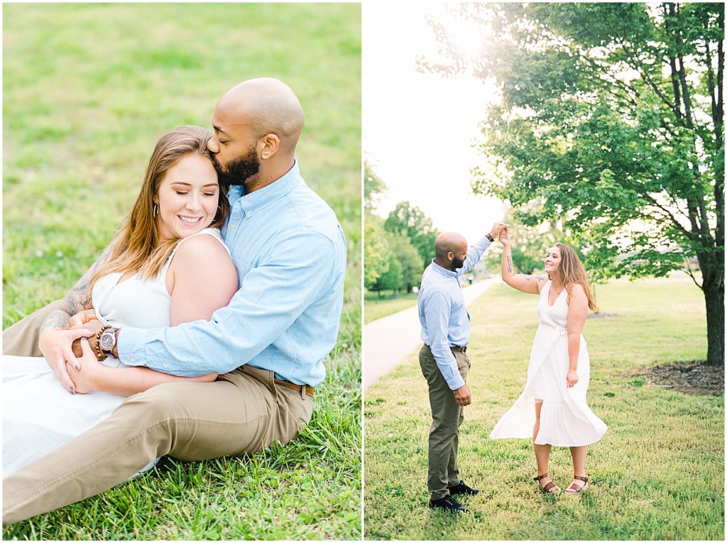 couple twirls in grass for engagement session at jefferson city greenway trail