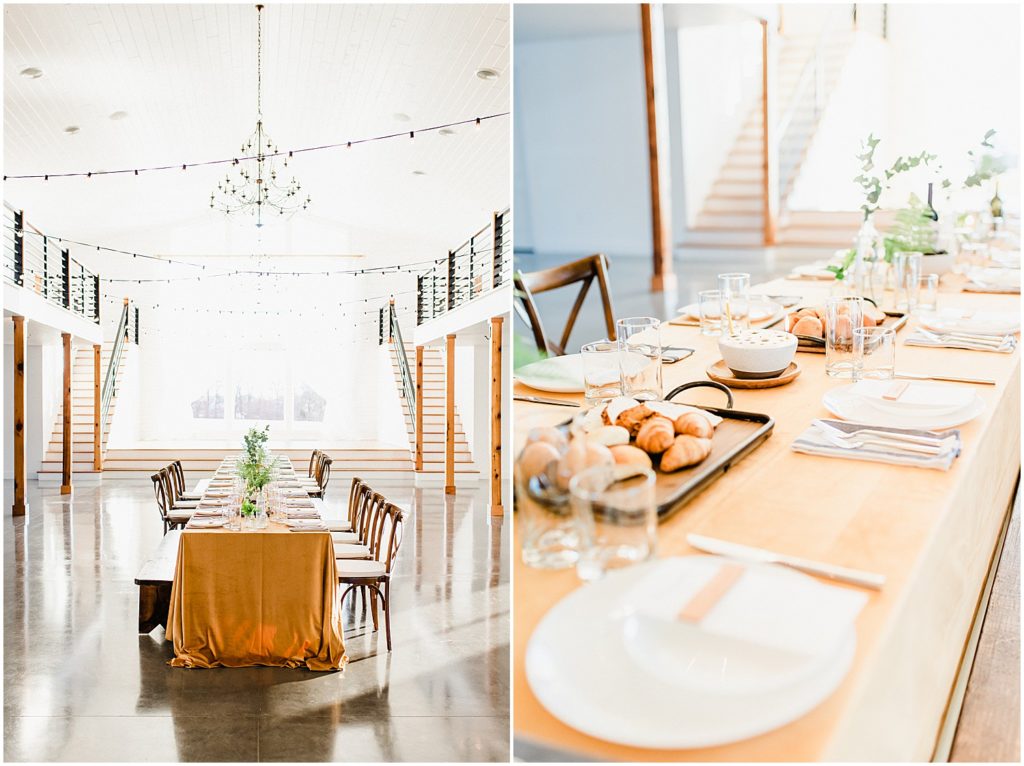 a long dinner table pictured in front of a large window at Emerson Fields venue