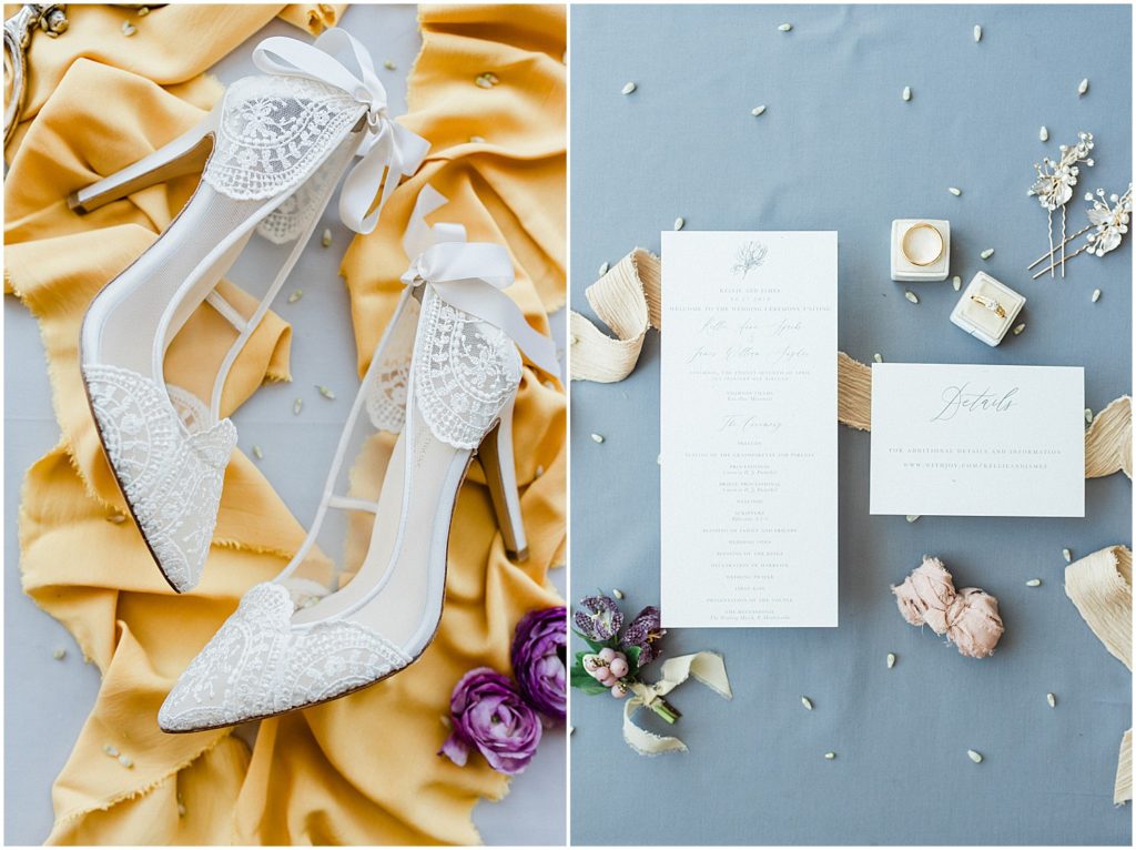 shoes on a yellow ribbon and an invitation suite on a blue background