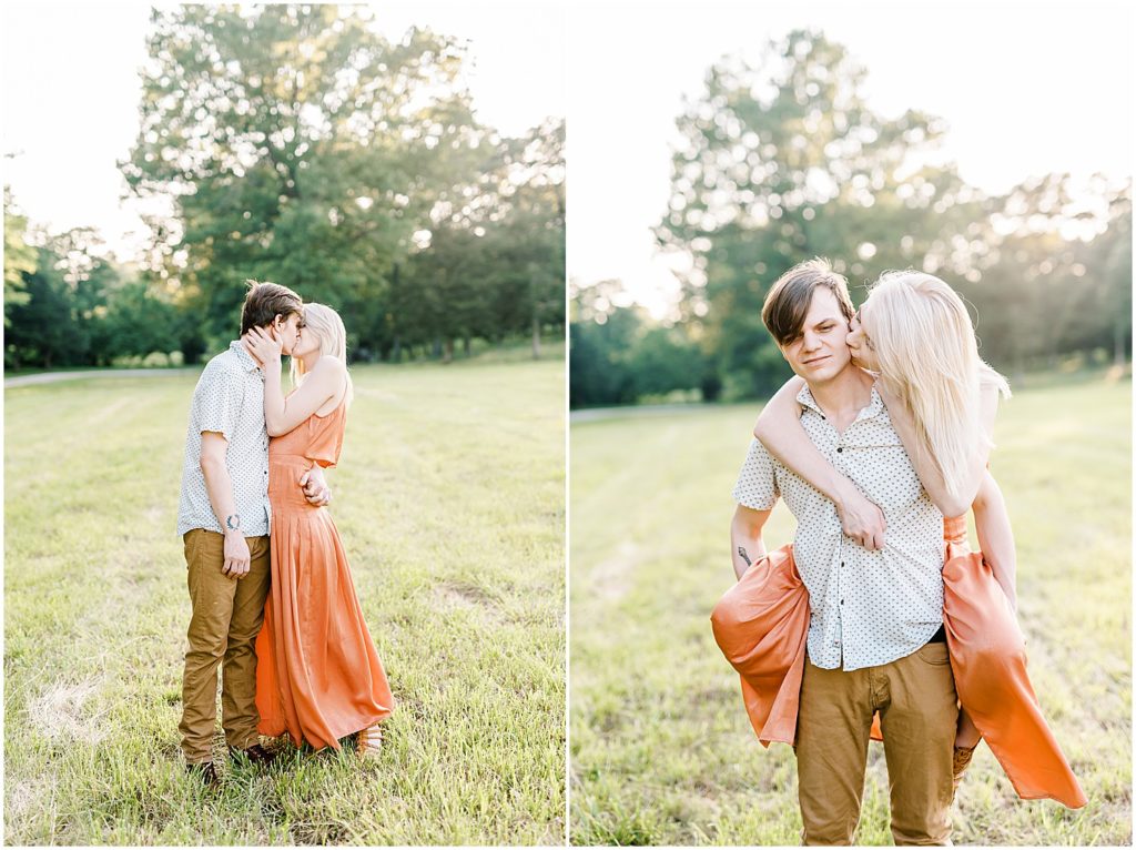 young couple kisses in field and gives a piggy back ride for kempkers back 40 engagement photos