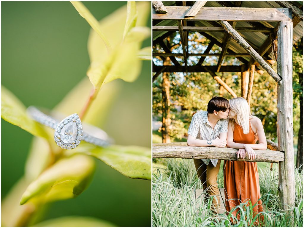up close image of pear shaped diamond engagement ring on a green leaf and couple kissing under gazebo for engagement pictures