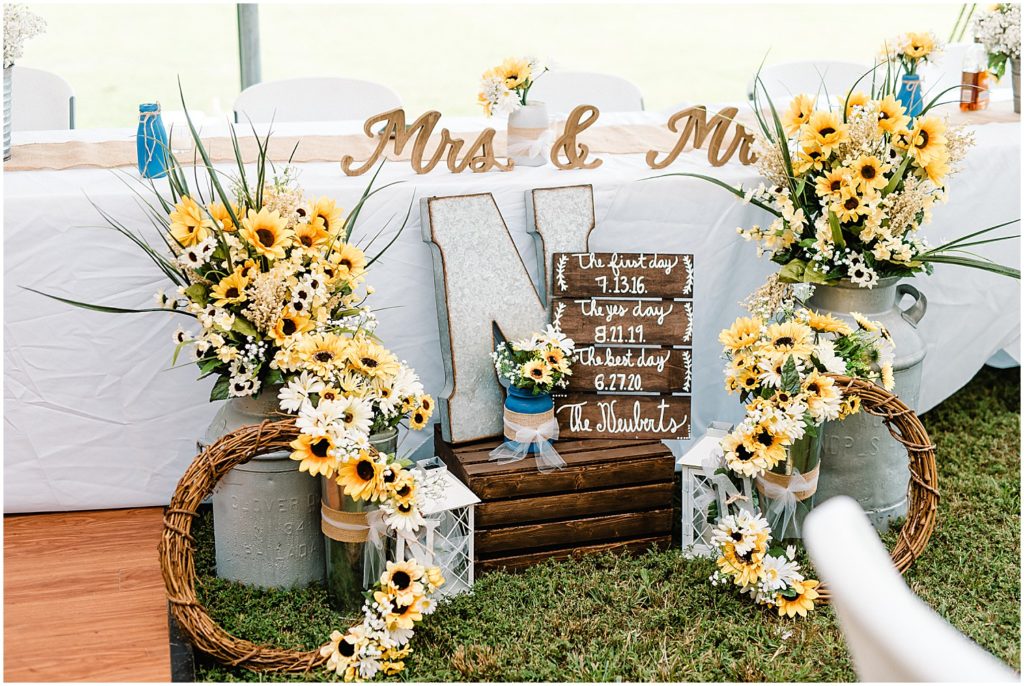reception decor featuring sunflowers during small wedding reception in vienna, mo