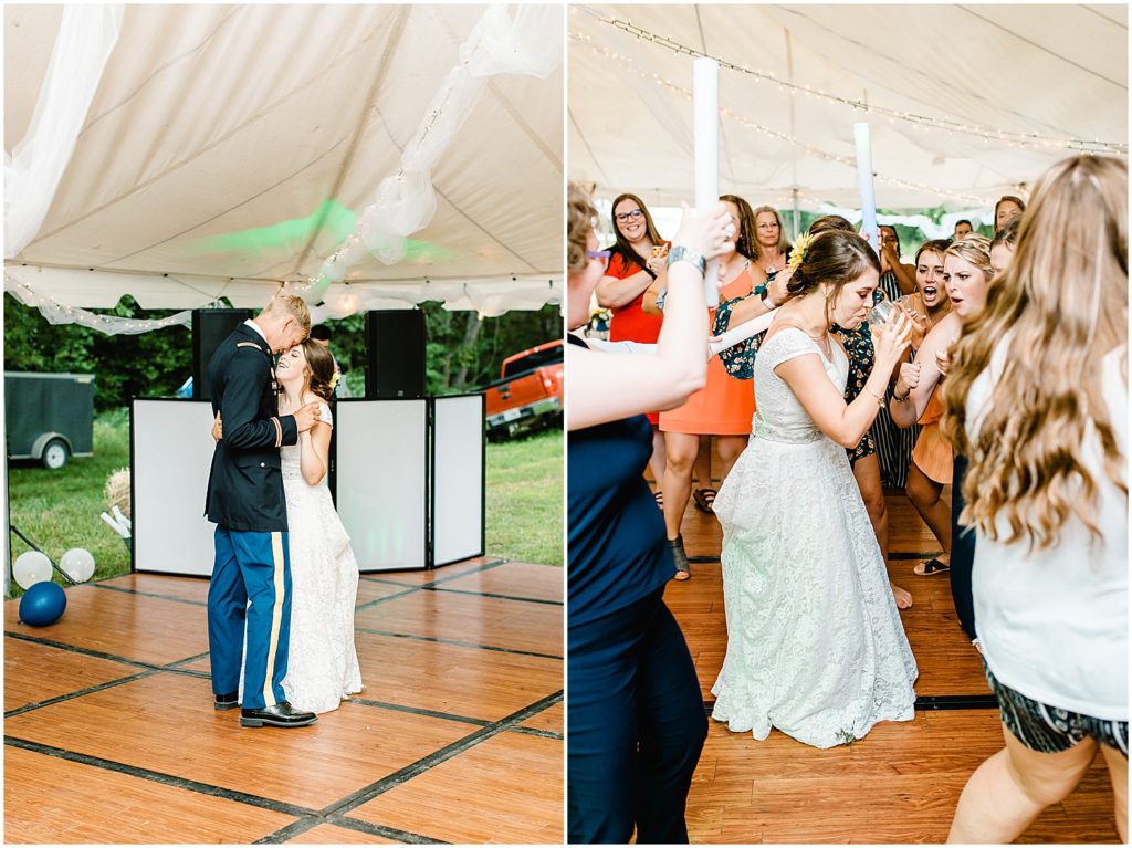 bride and groom dancing during wedding reception under large white tent