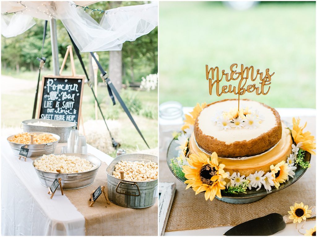 popcorn bar and cheesecake at wedding reception under white tent