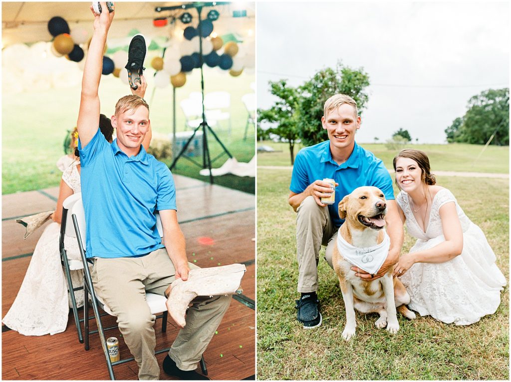 bride and groom playing the shoe game at wedding reception and posing with their dog 