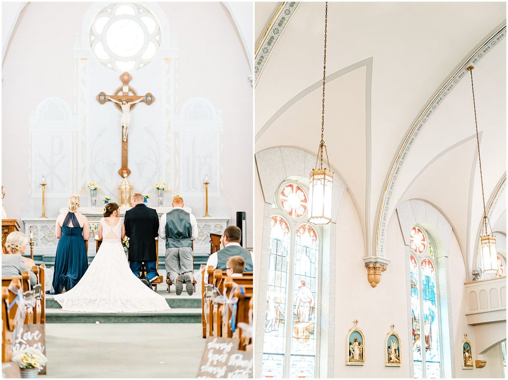bride and groom kneel at the altar with maid of honor and best man during catholic wedding ceremony