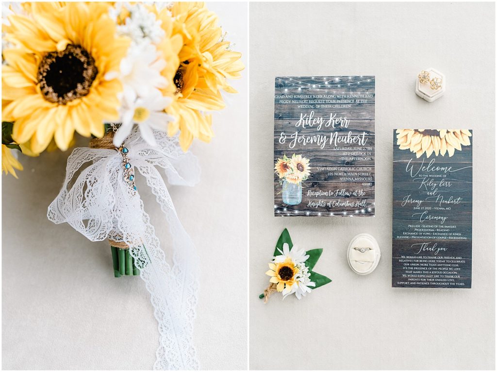 sunflower bouquet and sunflower invitations for rustic wedding day