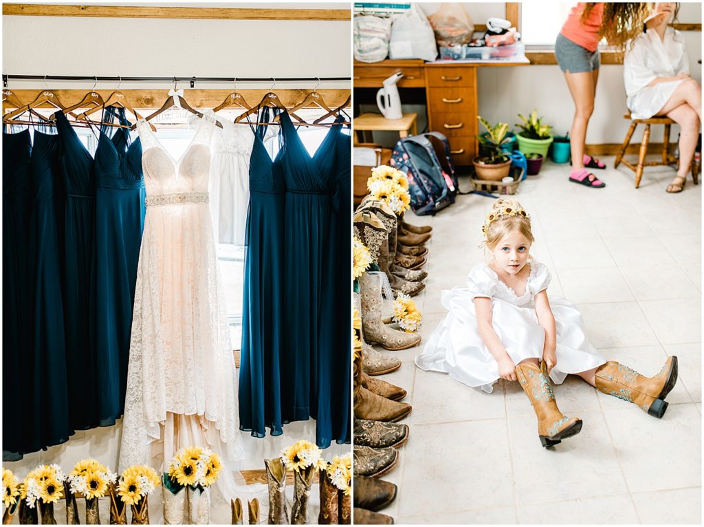 flower girl puts on cowboy boots while getting ready for wedding day