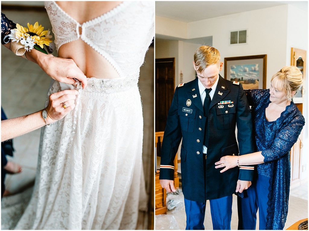 bride and groom getting into wedding attire with help of their moms on wedding day