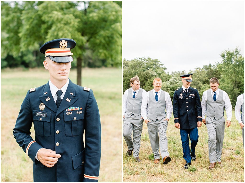 groom wearing dress blues walking with groomsmen in gray suits on wedding day