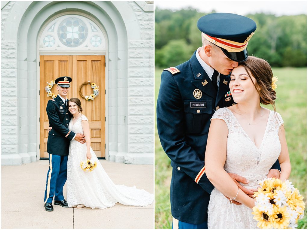 bride and groom portraits groom in dress blues during july wedding day in vienna, mo