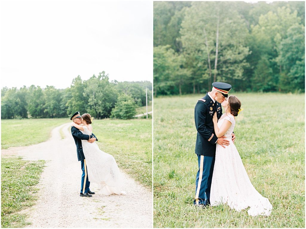 bride and groom kissing in a grassy field during wedding day in vienna, mo