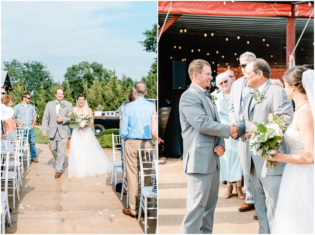 bride and father walk down the aisle at cedar lake cellars wedding ceremony on the patio