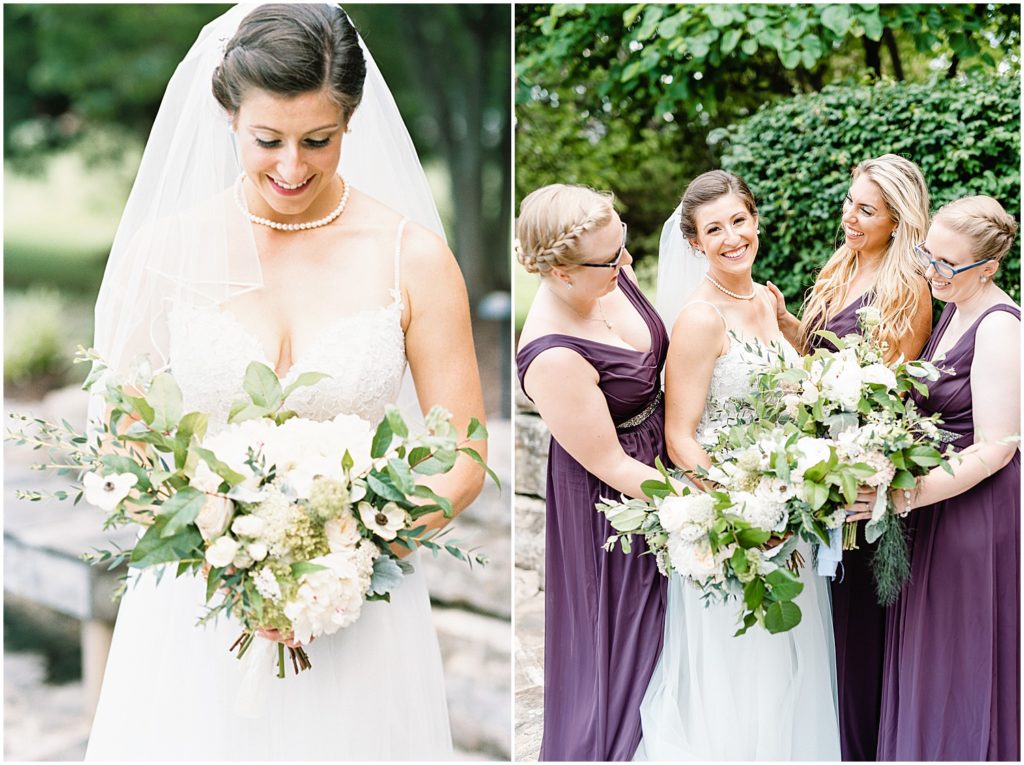 a bride and her bridesmaids wearing purple laugh at each other