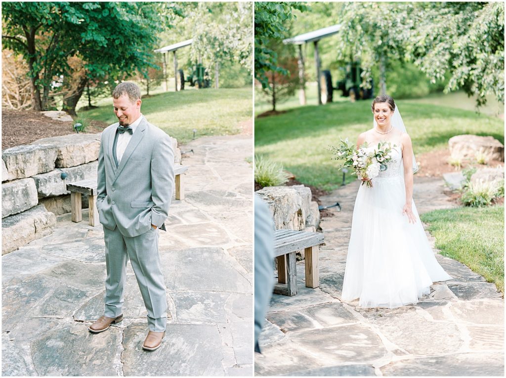 a bride and groom stand as they prepare for a first look on a rock patio at cedar lake cellars wedding
