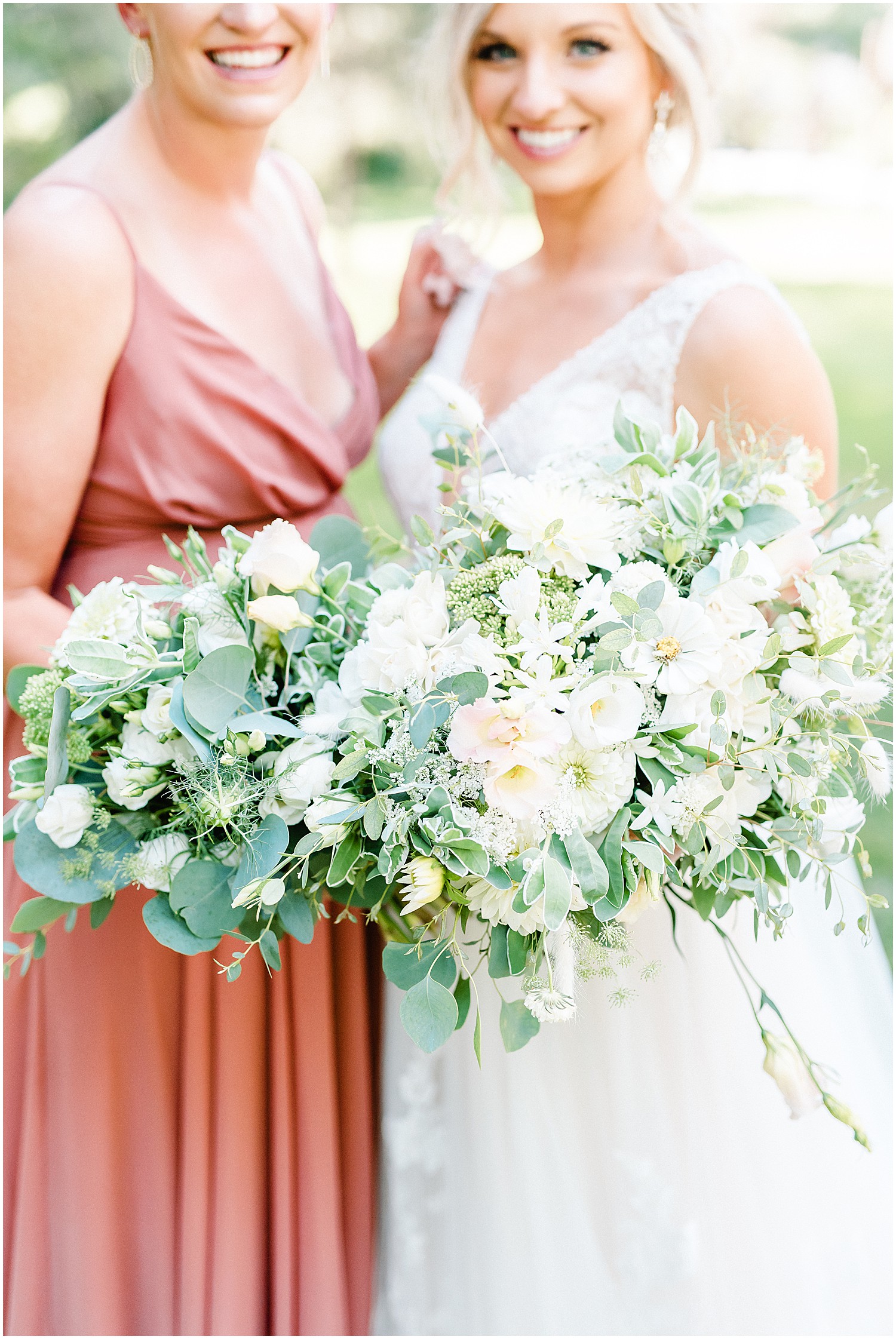 bouquet details of bride and bridesmaid during wedding party portraits
