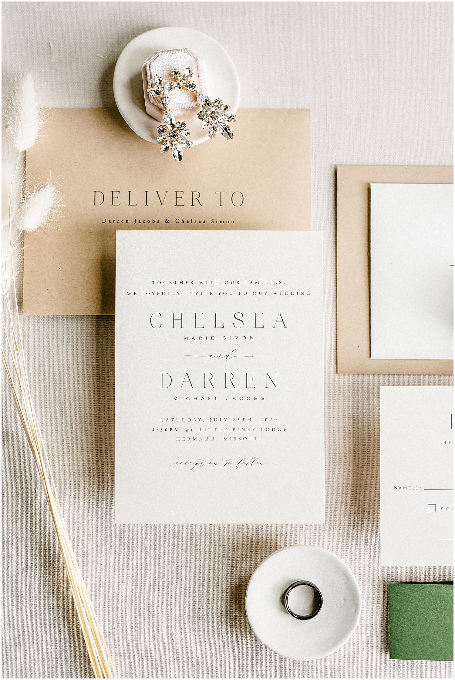 flat lay of neutral invitation suite