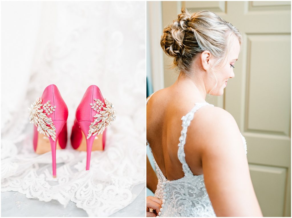 bride getting into dress next to bright pink Mischka Badgley wedding shoes with jewel design