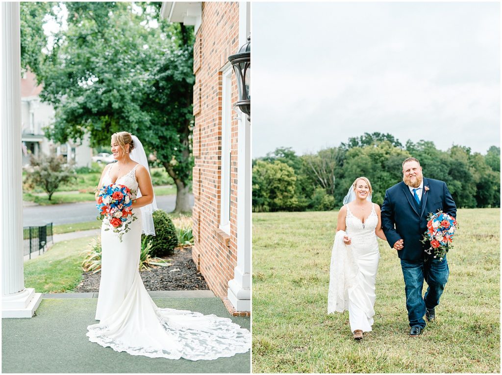 portrait of bride outside of church and bride and groom walking in field during wedding day portraits